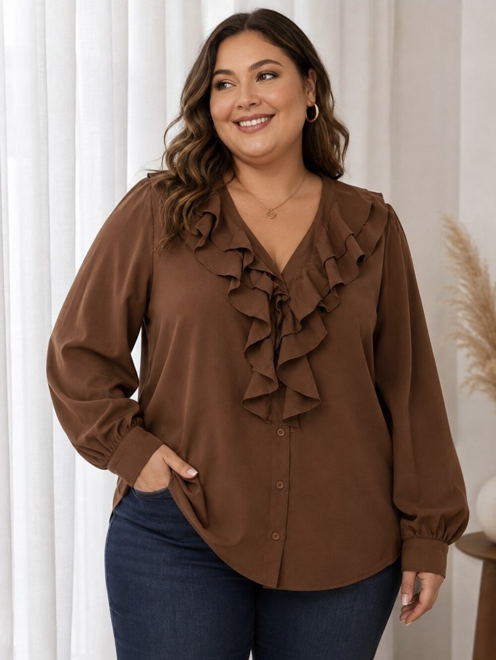Elegant Brown Ruffle Blouse